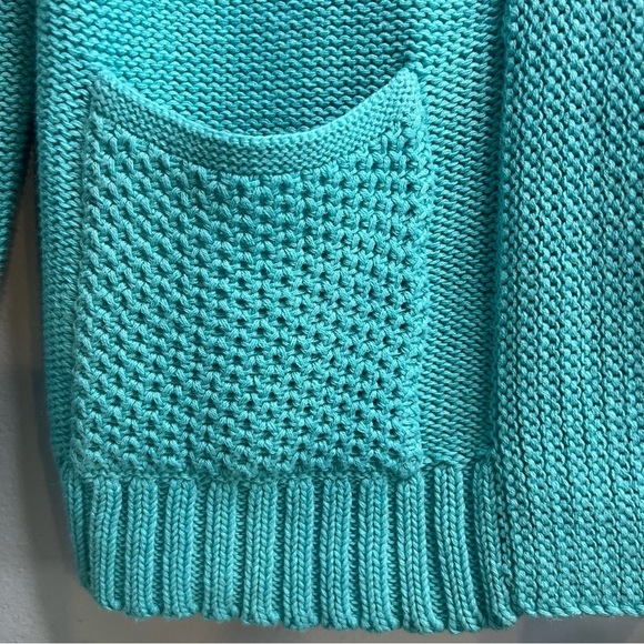 JNY Open Front Buttons Cable Knit Cardigan Teal Sz M Cotton Cottagecore Pocket - Picture 5 of 15